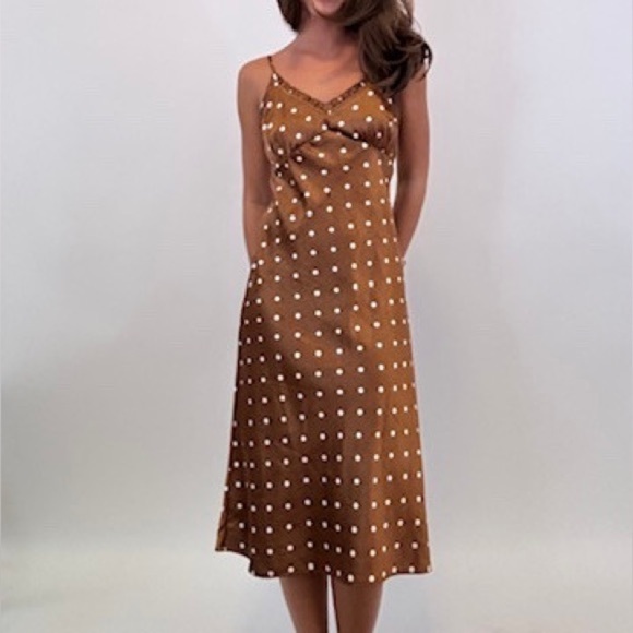 Japna Dresses & Skirts - JAPNA  Brown Polkadot Pinup Style. Spaghetti Strap Midi Dress Size XL Hourglass